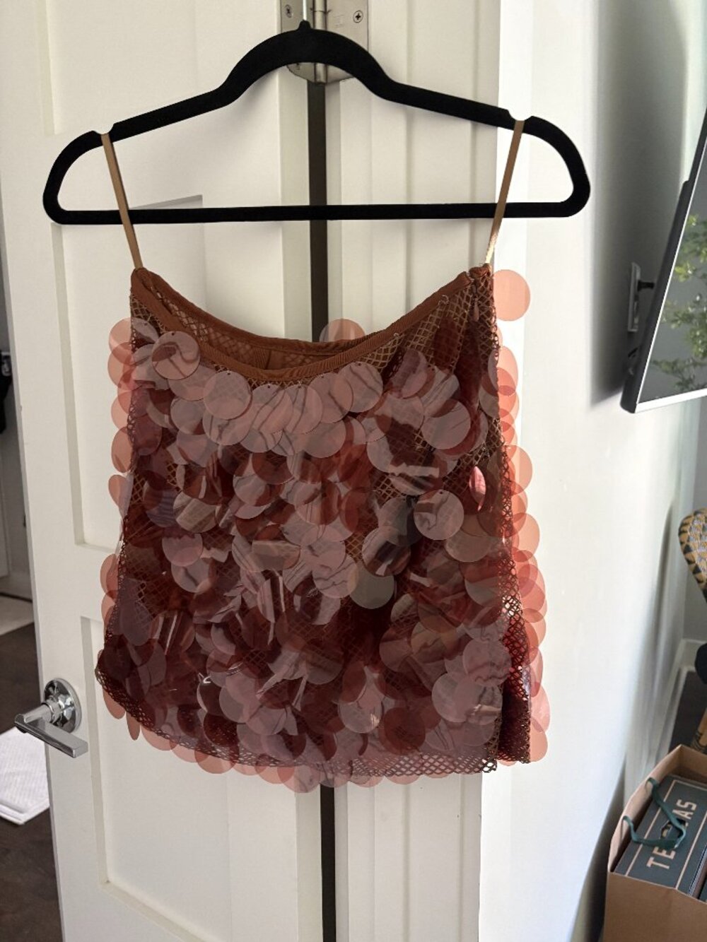 Anthropologie Paillette Disc Sequin Mini Skirt Dusty Rose Brown Mesh Size 2